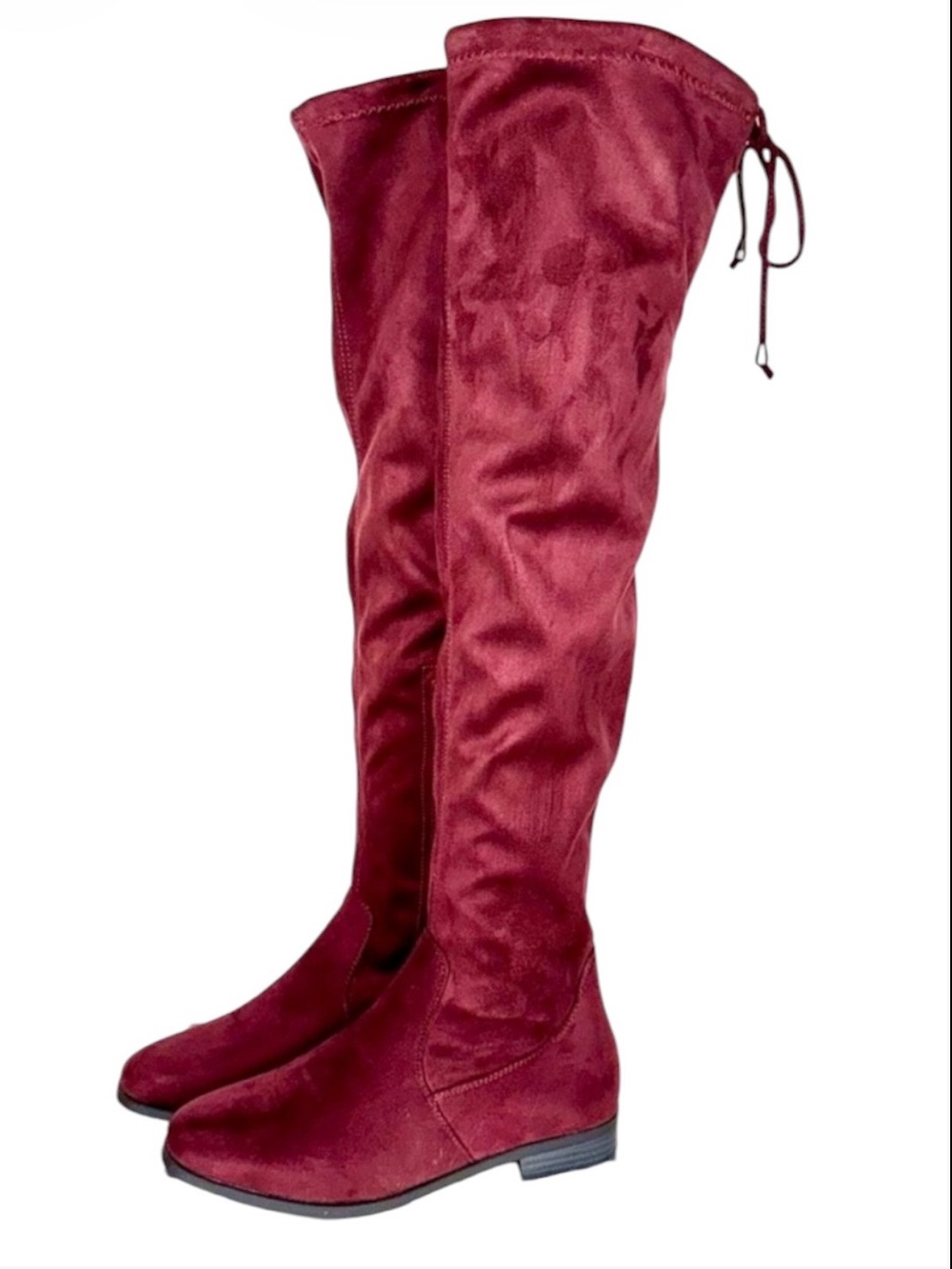 NWOT Le Chateau Burgundy Stretch Faux Suede Over-the-knee Almond Toe Flat Boots
